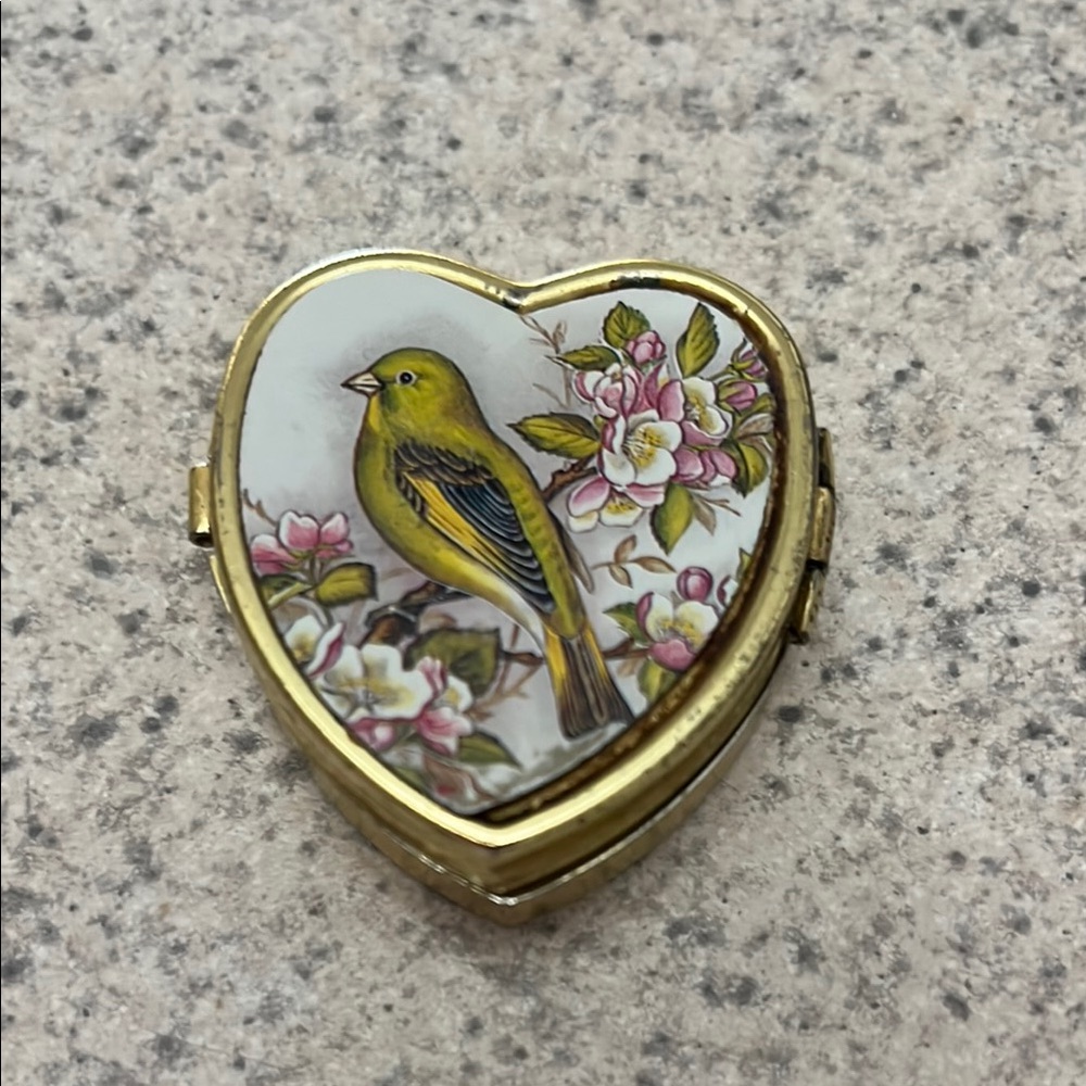 Vintage bird scene heart shaped pill box